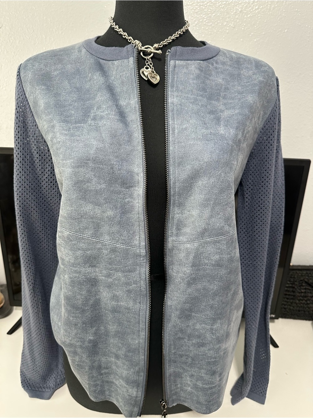 Sioni Slate Blue Zip-Front Bomber Jacket
